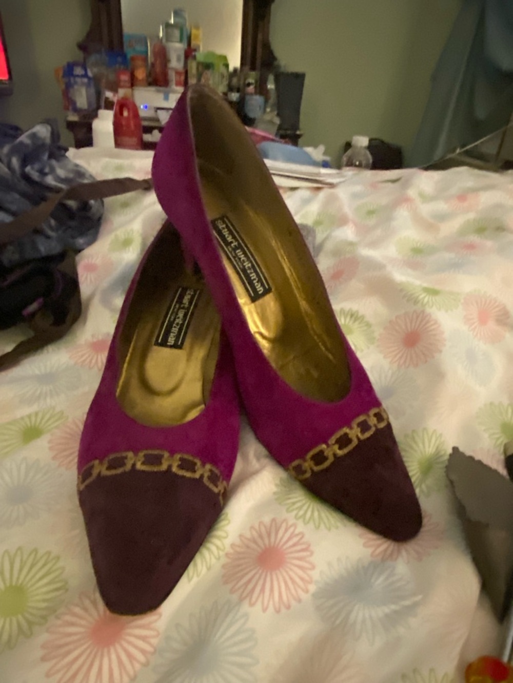 Stuart weitzman  Two-Tone Fuchsia and Burgundy Pointed Chain-Trim Flats
